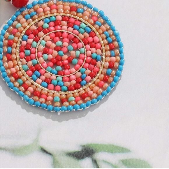 Multicolored Beaded Double Round Disc Boho Drop Statement Post Back Earrings - Picture 6 of 7